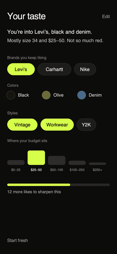 The Veya taste screen: You're into Levi's, black and denim. Brands, colors, styles and budget bands, with a bar showing 12 more likes to sharpen it.